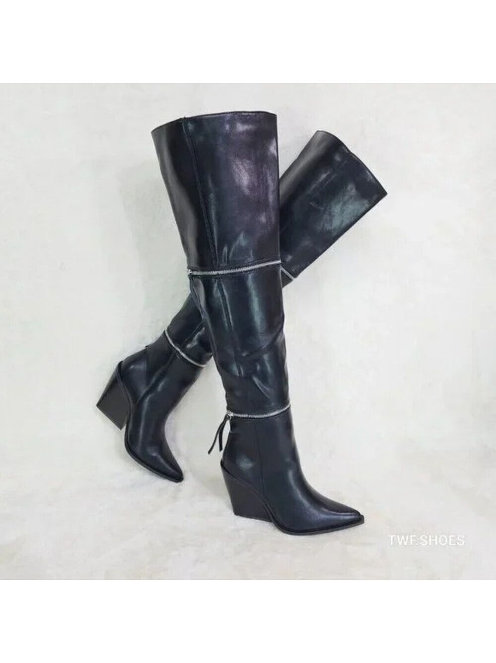 NIB Alexa Western Wedge All in One Zipper Shaft Ankle Knee & Thigh Boots Black - Picture 3 of 15